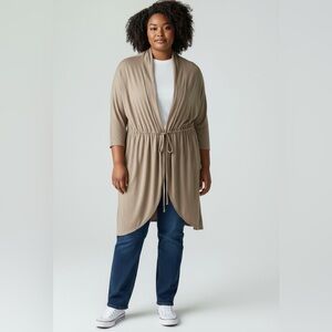 Kiyonna Taupe Open Front Kimono Cardigan w/ Drawstring. New w/Tags Made in USA